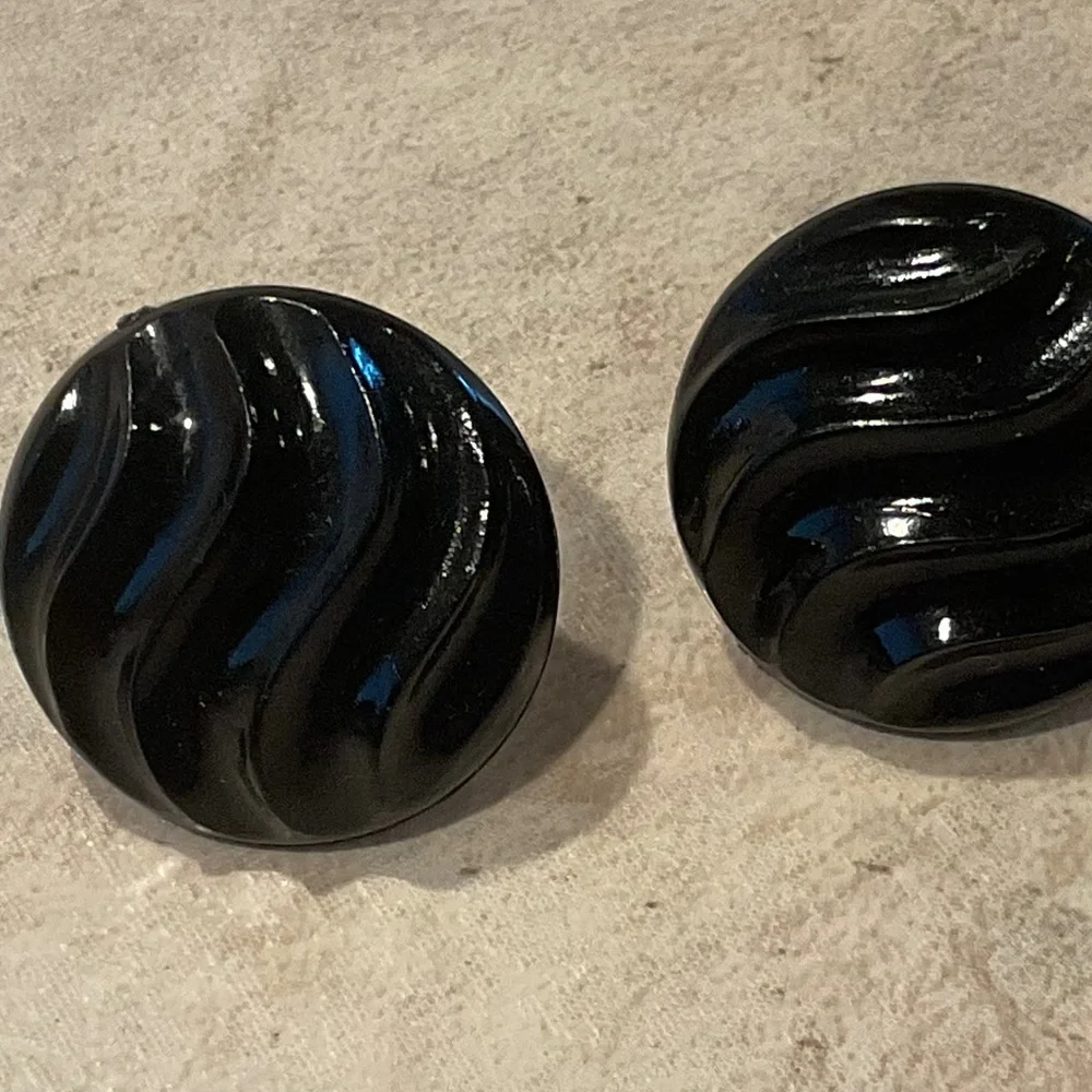 Vintage Black Button Pierced Earrings Wave Design 1” diameter